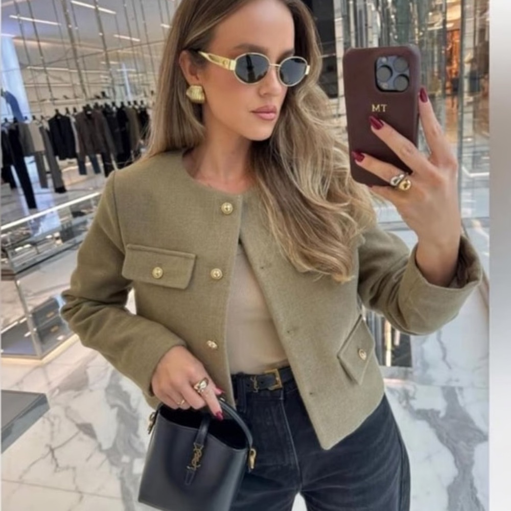 Light Khaki Cropped Flap Blazer